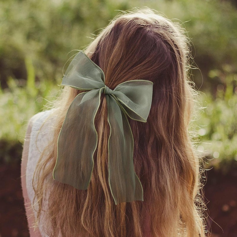 STSTR 2Pcs Large Hair Bow Clips, Green Silk Yarn Ribbon Bow Hair Barrette for Women, Elegant Long Tail Bowknot French Hair Accessories for Wedding, Parties, Festivals - Style 4 - Image 5